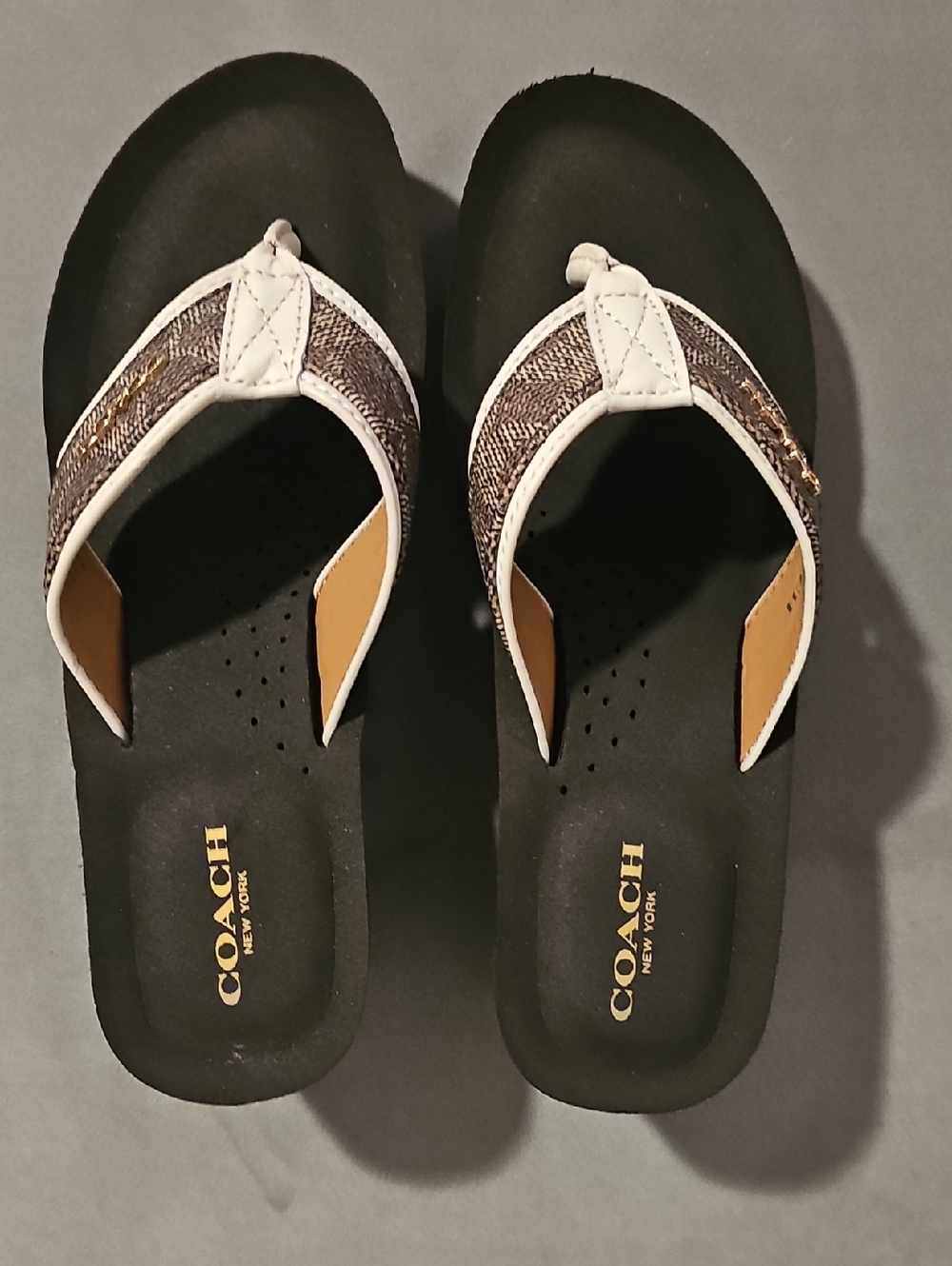 Y2K Coach Black Footbed Brown Signature Logo Thong Sandals with White Trim
